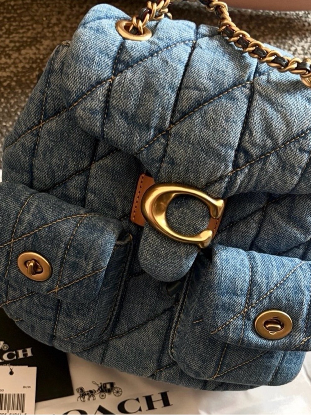 NWT Coach Quilted Blue Denim Tabby Backpack with Gold Hardware